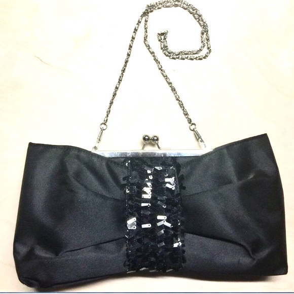 Vintage 50s/60s Black Satin/Sequined Metal KissLock Evening Bag Clutch w/Chain - Picture 1 of 6